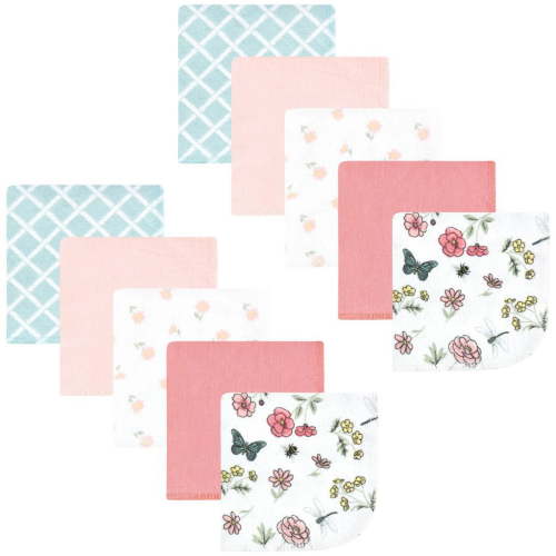 Hudson Baby Infant Girl Flannel Cotton Washcloths, Hummingbird Garden 10 Pack, One Size