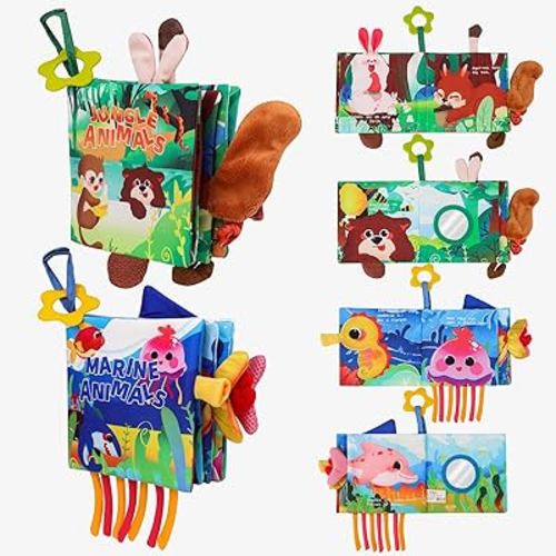 nicknack Baby Books 0-6 Months, 2PCS Sensory Soft Books Baby Toys 6 to 12 Months 3D Touch & Feel Crinkle Cloth Books Baby Teething Toys High Contrast Sensory Infant Newborn Early Learning Stroller Toy