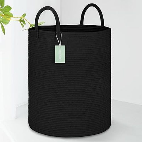 Large Cotton Rope Laundry Hamper 65L, Baby Nursery Hamper Bin with Handles, Woven Storage Basket for Living Room Bedroom, Tall Blanket Basket for Storage Toys Clothes Towels, 16”x 20”,Black