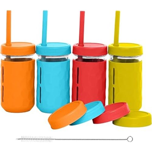 WeeSprout Glass Cups With Lids & Straws, Spill-Resistant Smoothie Jars for Toddlers & Kids, Baby Food Storage & Snack Containers, XL Silicone Straw, Easy-grip Sleeves, Set of Four, Dishwasher Safe