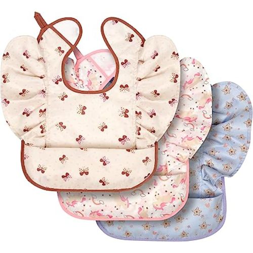 Lictin Baby Bibs for Girls Waterproof - 3 Pack Mess Proof Bib, Oil-proof Toddler Feeding Bib with Adjustable Closure, Baby Bibs for Eating 6-36 Months, Baby Food Bib Machine Washable