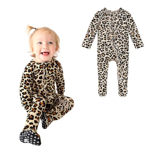 Posh Peanut Footie Pajamas for Baby Girls – Sleepers in Ultra-Soft Viscose from Bamboo with 2-Way Zipper & Ruffle Trim – Newborn to Toddler Sleepwear (Lana Leopard, Newborn)