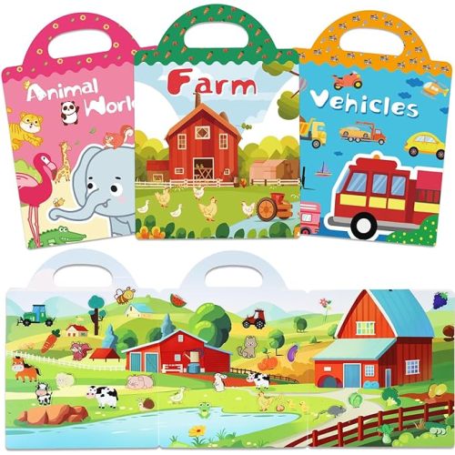 3 Sets Reusable Sticker Book for Kids, Thicker Sticker Book for Toddlers 2-4 Years, Cute Waterproof Toddler Activity Stickers Book for Teens Girls Boys - Farm, Vehicle and Animals - Farm, Vehicles, Animals