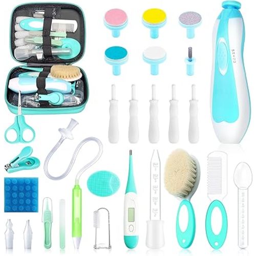 Baby Healthcare and Grooming Kit, 28 in 1 Portable Baby Essentials Kit Electric Nail Trimmer Set with Gas Relief Hair Brush Comb Nasal Aspirator for Newborn Boys Girls (Green)
