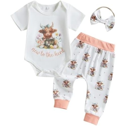 Newborn Western Baby Girl Clothes Highland Cow New To The Herd Romper Pants Set 3Pcs Summer Farm Coming Home Outfit