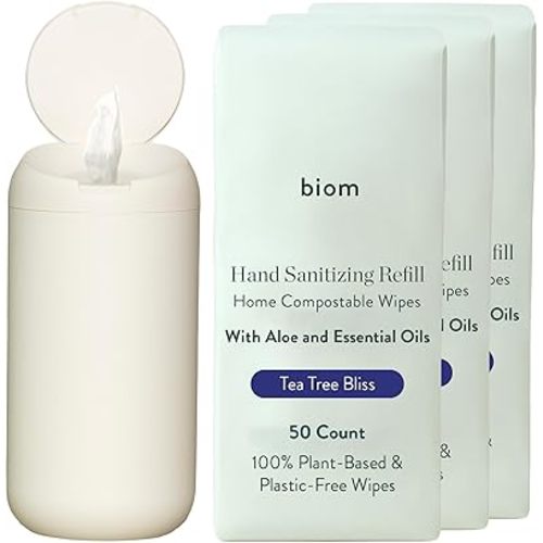 Dispenser + Hand Sanitizing Wipes Starter Kit - Biodegradable Kid-Safe Wipes | All Natural, Non-Toxic Plant-Based Hand Sanitizing Wipes with Aloe for Soft Skin (White)