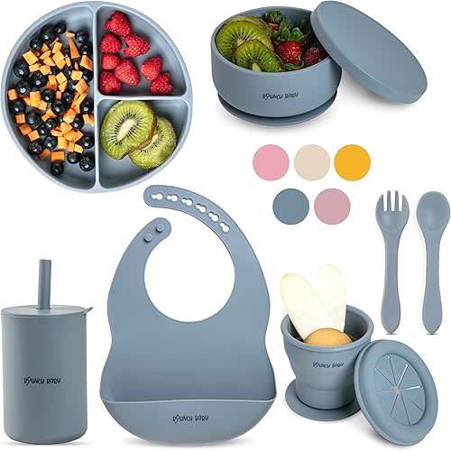 Silicone Baby Feeding Set, 8 PCS Baby Led Weaning Supplies with Baby Plates and Utensils Set, Baby Spoon and Fork, Adjustable Bib, Baby Silicone Feeding Set (Blue-Grey)