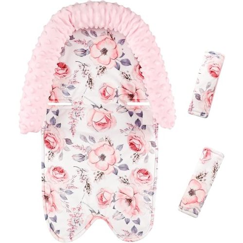 Baby Head Support and Strap Cover for Car Seat, Mink Infant Carseat Headrest for Girls, Newborn Car Seat Insert Cushion for Strollers, Pink Floral