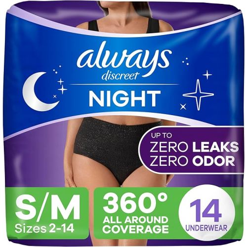 Always Discreet Overnight Adult Incontinence & Postpartum Bladder Leak Underwear for Women, Disposable, Small/Medium, 14 Count