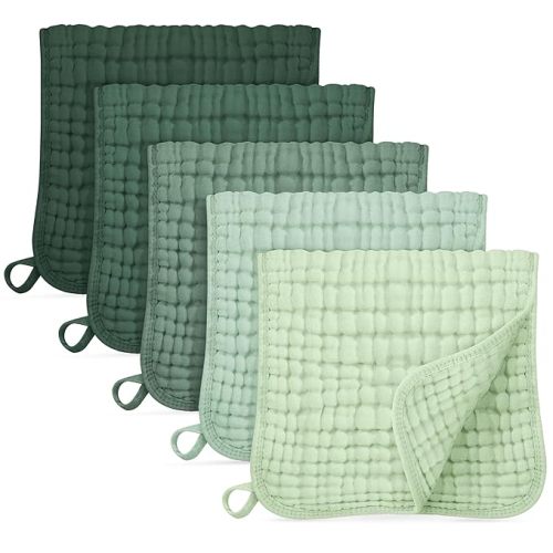Muslin Burp Cloths for Baby 100% Cotton Burping Cloths for Boys Girls Large 20"X10" Extra Soft and Absorbent 5 Pack - Gradient Green