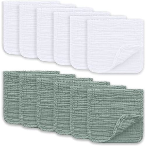 Muslin Burp Cloths Large 100% Cotton Hand Washcloths for Boys & Girls, Baby Essentials Extra Absorbent and Soft Burping Rags for Newborn Registry (White & Green, 12-Pack, 20" X10") - White and Green - 10x20 Inch (Pack of 12)
