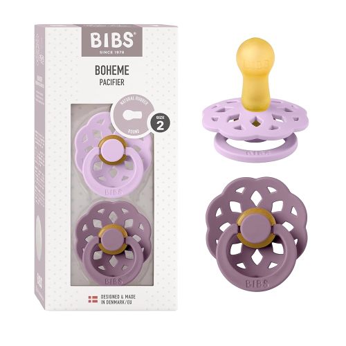 Bibs Pacifiers 6-18 Months | Boheme Collection 2-Pack | BPA-Free Round Nipple | Made in Denmark | Violet Sky/Mauve Color Pacifier