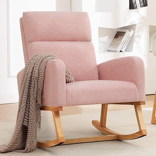 Rocking Chair Nursery - Modern Glider Accent Rocking Chairs Upholstered Linen Nursing Rocker Padded Armchair for Indoor Living Room Bedroom, Pink