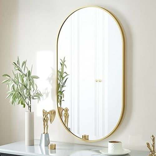 HARRITPURE 17" x 30"Oval Bathroom Mirror Wall Mounted Chic Brushed Metal Frame Hang Vertically & Horizontally Perfect Modern Decor for Bedroom Bathroom Entryway Living Room Gallery Wall,Gold