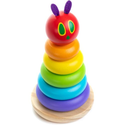 KIDS PREFERRED World of Eric Carle, The Very Hungry Caterpillar Wooden Stacker with Colorful Rainbow Rings, 7 Inch Stacking Solid Wood Educational Developmental Toy –Sorting and Stacking, Multicolor