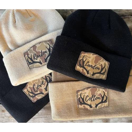 Personalized Camo Name Beanie with antlers - Style BL