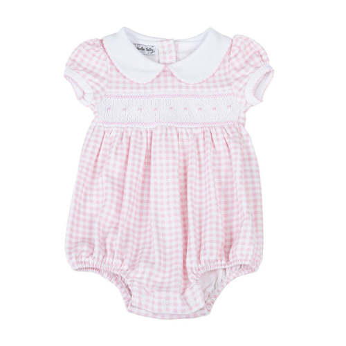 Mini Checks Smocked Short Sleeve Bubble - Pink