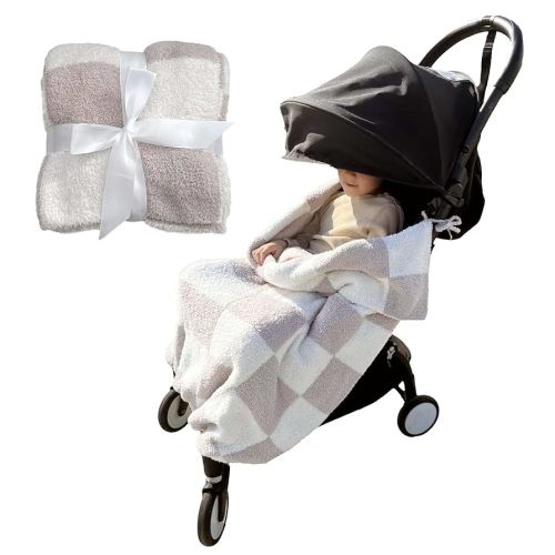 Stroller Tie-On Blanket 30x40 - Cozy & Soft Baby Essential with Modern Neutral Aesthetic, Ensures Blanket Won’t Drag On Floor or Fall Off - Newborn Essential, Fuzzy Checkered Design