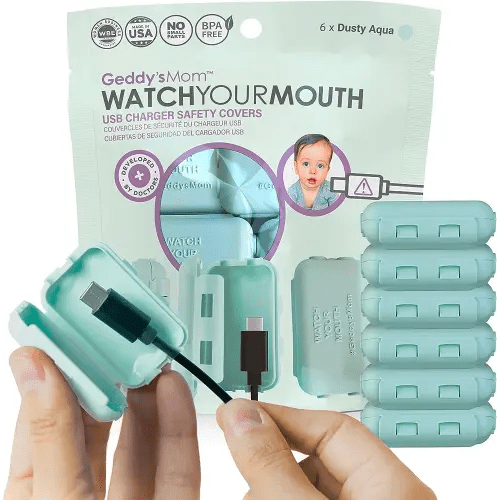 Geddy's Mom - Watch Your Mouth - The Award Winning USB Charger Child Safety Cover - Made in The USA - Baby Proofing Toddler Shock Prevention - 6 Pack (Dusty Aqua)