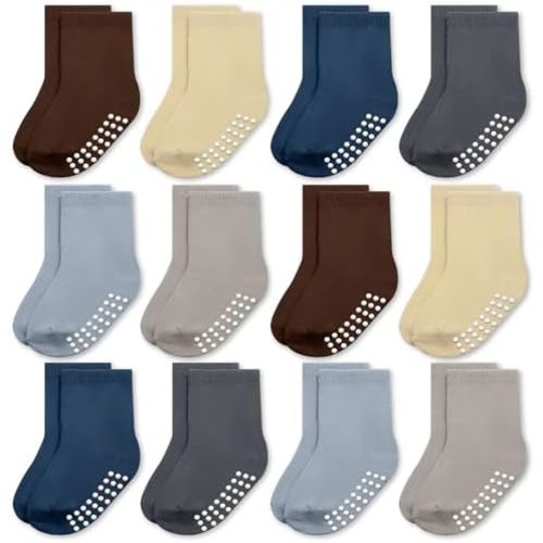 JAKIDAR 12 Pack Baby Socks Cotton Crew Toddler Socks Grips Non Slip Bottom Kids Socks