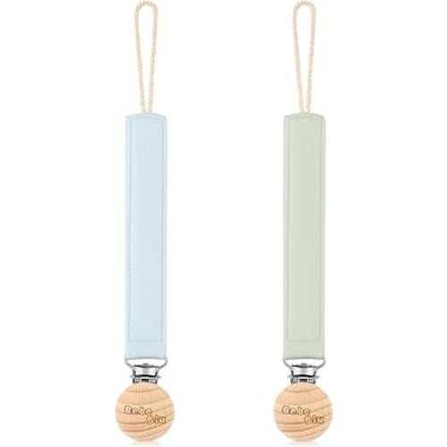 Baby Pacifier Clip, 2 Pack Fabric Pacifier Clips, Super Soft Fabric Strap with Wooden Clip, Pacifier Clips for Baby Girl & Boy (Sage/Ether)