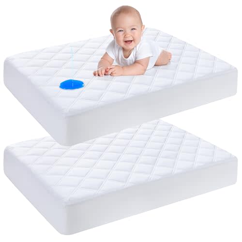 Yoofoss Waterproof Mini Crib Mattress Protector 2 Pack, Quilted Mini Crib Mattress Pad Cover Soft and Breathable, Machine Washable Portable Mattress Protector for Standard Baby Mini Crib Size 38"X24"