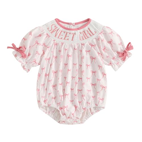 Ursobutegl Newborn Baby Girl Romper Mamas Mini Bow Plaid Print Puff Sleeve Smocked Bubble Romper Jumpsuit Bodysuit Clothes