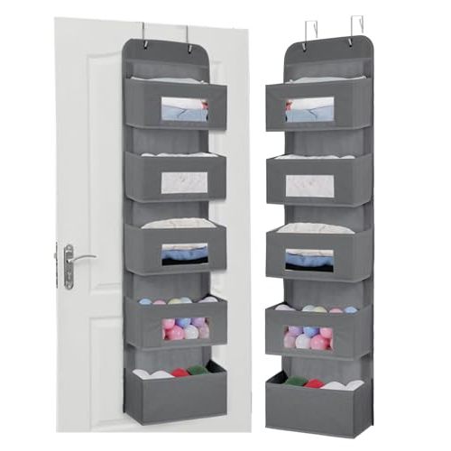 MAX Houser 5-Shelf Over The Door Hanging Organizer with 2 Metal Hooks, 5 Pocket Over The Door Wall Mount Storage with Clear Windows for Baby Nursery Bathroom Closet,Bedroom,Dorm,Diapers,Kids Toy(Gray)