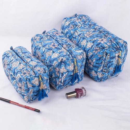 Set Of 3 Quilted Blue Toiletry Bag, Block Print Color Make Up Bag, Cosmetic Bag - Free Shipping