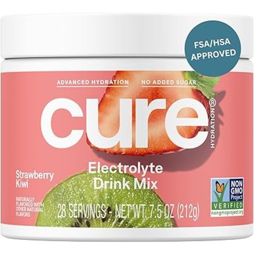 Cure Hydration | Plant-Based Electrolyte Drink Mix | No Added Sugar | FSA-HSA | Dehydration Relief Powder Made with Coconut Water | Non-GMO | Vegan | 28 Servings Jar - Strawberry Kiwi