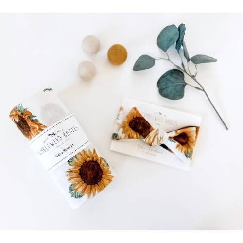 Sunflower Baby Gift Set with Bow Headband and Swaddle Blanket