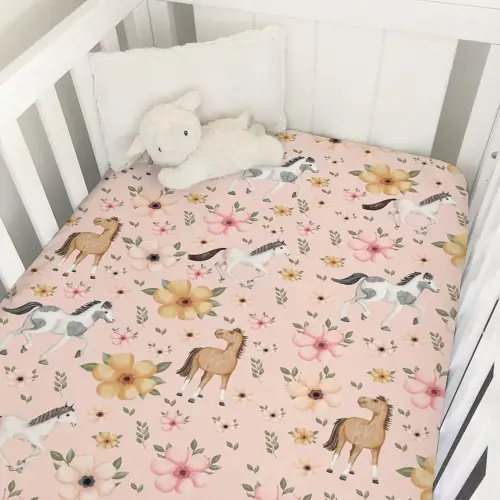 Watercolor Horse Floral Baby Crib Sheets 52''x28'' Cute Horses Boho Retro Flowers Pink Fitted Crib Mattress Cover for Boy Girl Soft Nursery Baby Bed Sheets for Standard Size Crib and Toddler Mattress