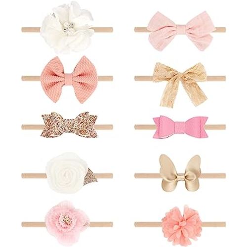 DRESHOW BQUBO Baby Girl Headbands with Bows Nylon Hairbands Handmade Hair Accessories for Newborn Infant Toddlers 10 Pack