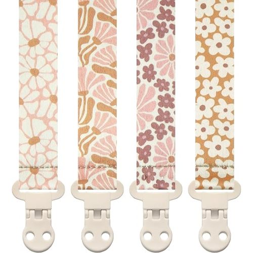 Baby Pacifier Clip Holder - Girl 4 Pack Gift Set – Boho Modern Pink and Beige Flowers Floral (Nolana)