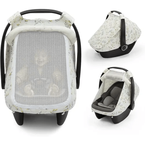 Blissful Diary Baby Car Seat Cover, Extra Large Mesh Window, Breathable Muslin Cotton, Infant Windproof Canopy, Must-Have Baby Gift - Botanical Leaf