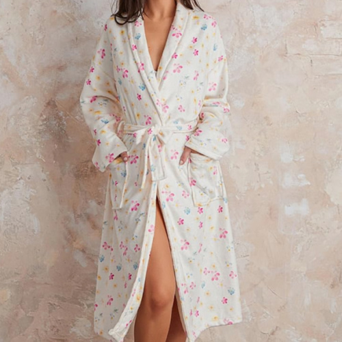 Owl's-Yard Women's Soft Summer Dressing Gown Floral Fruit Print Plush Shawl Collar Bathrobe Warm Lounge Robe with Belt