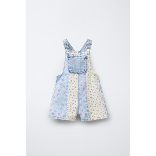 PATCHWORK FLORAL DENIM OVERALL SHORTS - Light blue | ZARA United States