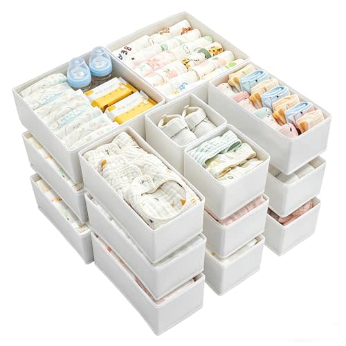 Vtopmart 18 Pack Baby Clothes Organizer, Dresser Drawer Organizer for Baby Clothing, Foldable Fabric Closet Drawer Storage Bins, Dresser Dividers for Bra, Socks, Ties, Scarf, White