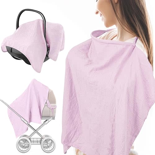 KISSBOBO Muslin Nursing Cover for Breastfeeding,Privacy Nursing Covers, Breathable 100% Cotton Breastfeeding Cover, Multi-use for Mother Nursing Apron(Pink)