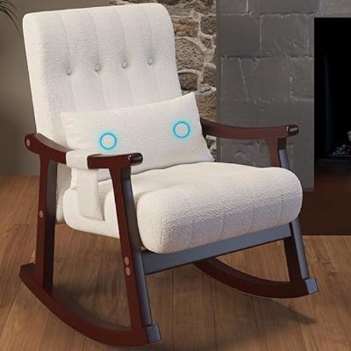 Upholstered Rocking Chair with Massage Lumbar Support,Glider Chair with Side Pocket, Nursery Rocker with High Backrest,Rubber Wood Legs, Rocking Accent Armchair for Living Room Bedroom Nursery