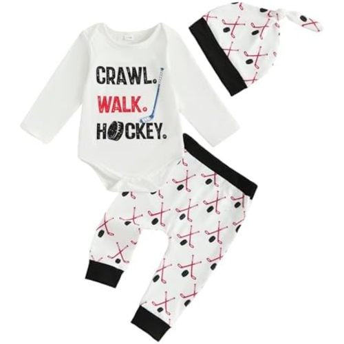 Newborn Baby Boy Fall Outfits My First Hockey Season Print Long Sleeve Shirt Romper and Pants Set Hat 3Pcs Clothes