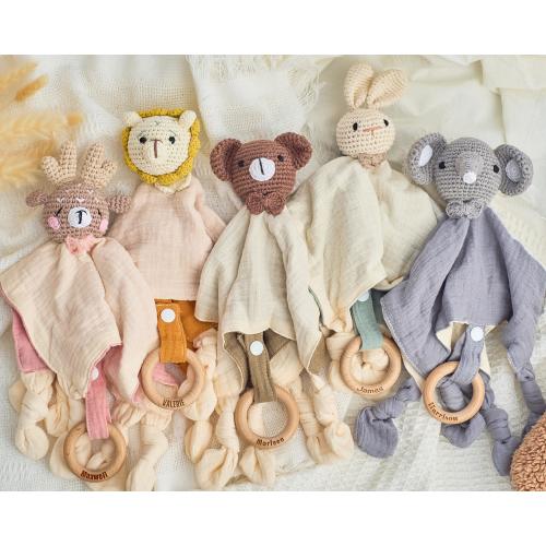 Personalized Comfort Blanket For Baby Shower Gift,Wooden Rattle Ring for Newborn Gift, Customized Security Blanket For Newborn Gift