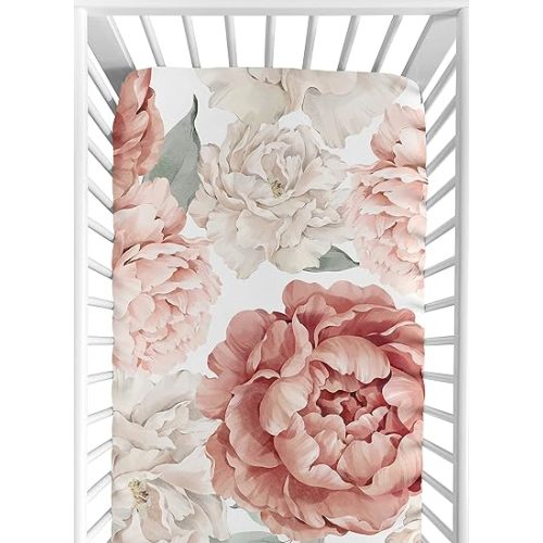 Sweet Jojo Designs Blush Pink Boho Shabby Chic Floral Girl Baby Fitted Crib Sheet Infant Newborn Nursery Toddler Bed Room Standard Mattress Off White Bohemian Vintage Watercolor Large Flower Elegant