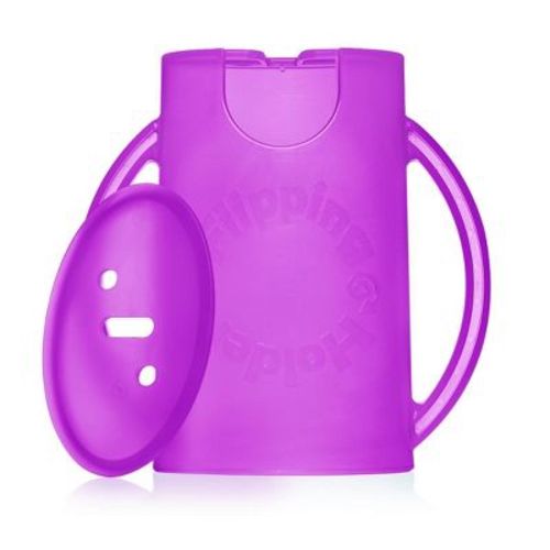 Flipping Holder Food Pouch Holder No Squeeze, flips over to hold drink boxes and juice pouches, easy grip handles and lid (Purple)