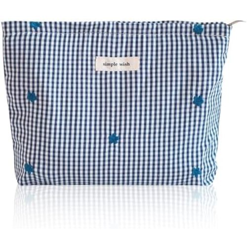 Wudygirl Cute Makeup Bag for Women - Travel Cosmetic Bag with Zipper Makeup Pouch Floral Make up Organizer Handbag Aesthetic (Navy BLue Checkered)