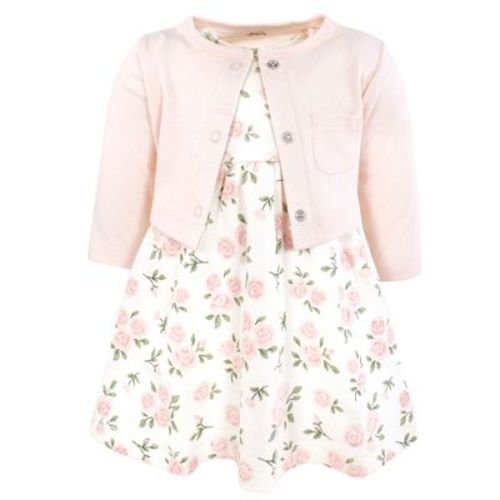 Hudson Baby Infant and Toddler Girls Cotton Dress and Cardigan Set, Soft Pink Sage Rose, 12-18 Months