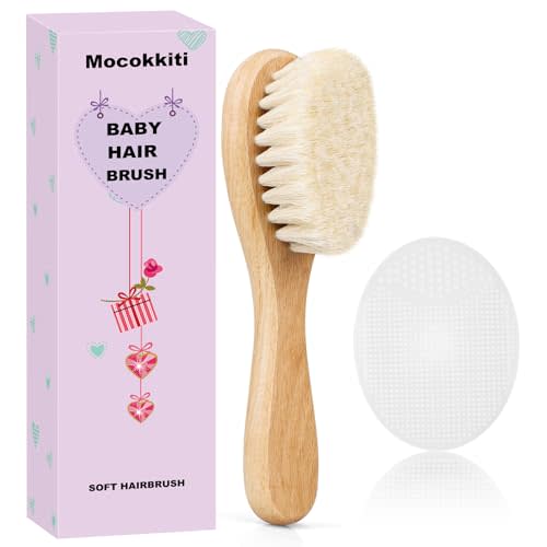 Mocokkiti Baby Hair Brush and White Cradle Cap Brush Set for Newborns and Toddlers, Wooden Baby Hair Brush Set with Soft Goat Bristle, Baby Hair Care Kit (2PCS)