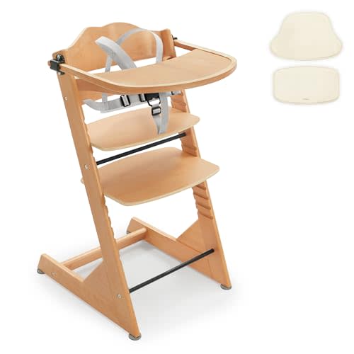 Curipeer Convertible Wooden High Chair for Babies and Toddlers - Baby Feeding &Toddler Dining Chair with Removable Tray, Cushion and Harness, Natural Color