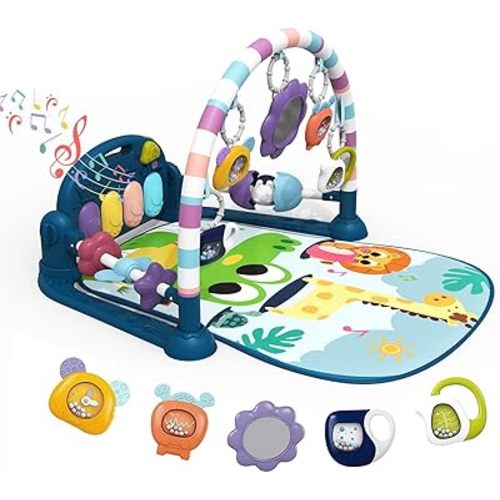 dearlomum Baby Play Mat Baby Gym,Funny Play Piano Tummy Time Baby Activity Mat with 5 Infant Sensory Baby Toys, Music and Lights Boy & Girl Gifts for Newborn Baby 0 to 3 6 9 12 Months(New Blue)
