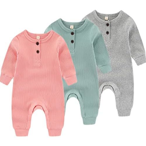 Newborn Baby Boys Girls One Piece Romper With Mitten Cuffs 3 Pack Long Sleeve Ribbed Button Jumpsuit Outfit Clothes